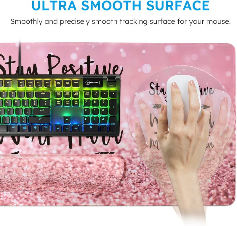iCasso Mouse Pad,Large Pink Desk Mat Set, 4in1 XXL Mousepad + Keyboard Wrist Rest+Mouse Wrist Rest+Coaster with Ergonomic Desk Pad for Home Office Table Computer Cover -Pink Stay Positive - Image 5